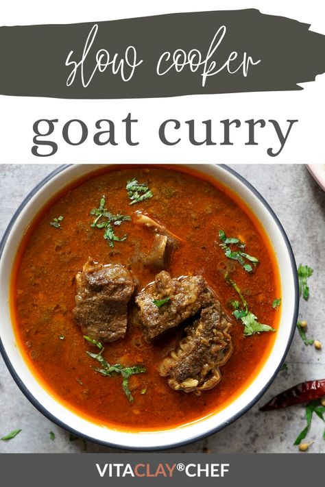 Slow Cooker Goat Curry, Vitaclay Recipes, Goat Curry, Cardamom Pods, Goat Meat, Serrano Pepper, Easy Slow Cooker Recipes, Bay Leaf, Red Onions