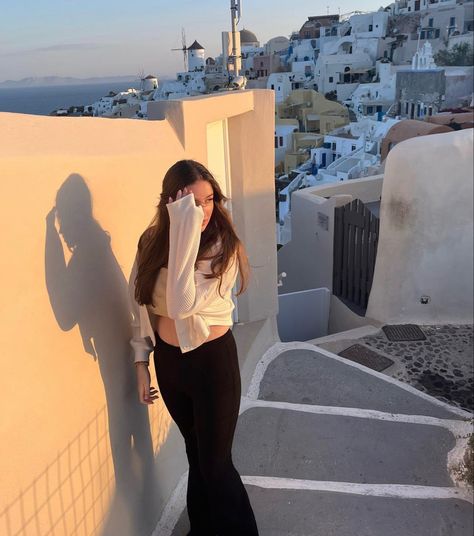 Pretty girl poses in Santorini, Greece. Warm daylight. Aesthetic travel location and outfit idea for clean girl aesthetic Santorini Greece, Aesthetic Girl, Santorini, Greece, Fashion Outfits, On Instagram, Instagram