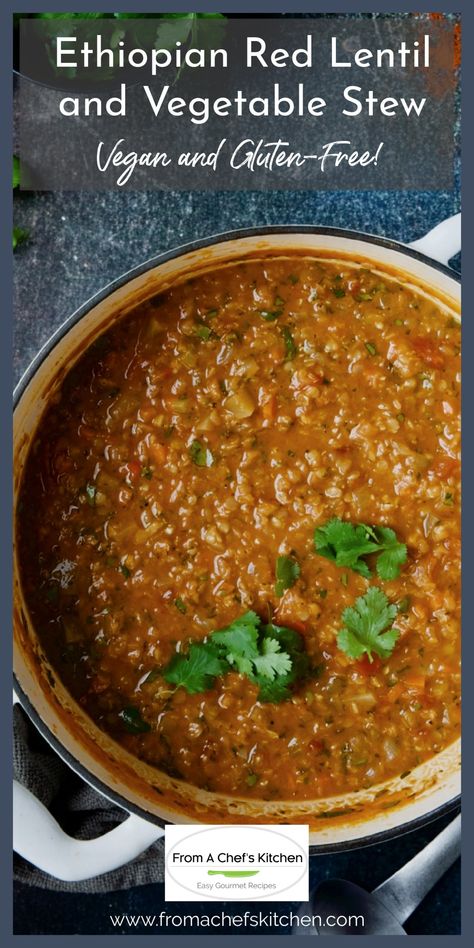 One spoonful of this flavor-packed berbere-spiced stew will have you hooked! Vegan Ethiopian Red Lentil and Vegetable Stew is hearty yet loaded with healthful goodness and comes together in a little over an hour! Vegan African Recipes, Lentil Dinner, Ethiopian Lentils, Red Lentil Recipes, Spiced Lentils, Vegan Soul Food, Healthy Plant Based Recipes, Ethiopian Food, Lentil Stew