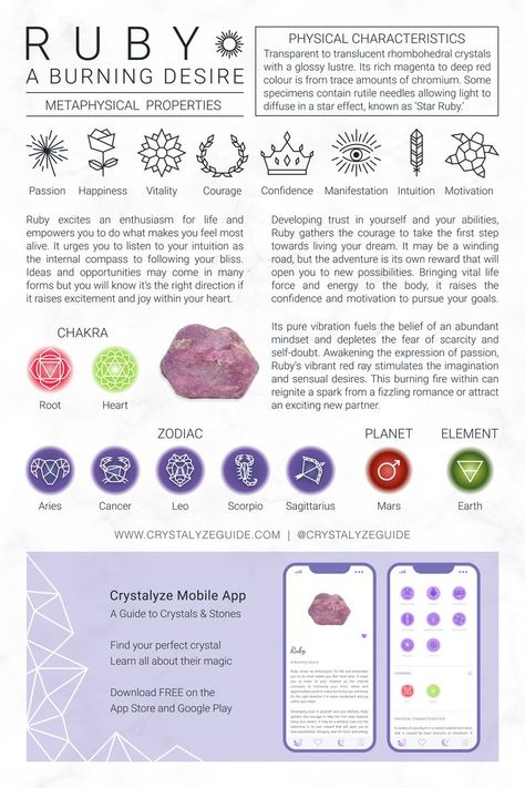 Enhance Your Crystal Practice 📲 𝐃𝐨𝐰𝐧𝐥𝐨𝐚𝐝 𝐨𝐮𝐫 𝐅𝐑𝐄𝐄 𝐂𝐫𝐲𝐬𝐭𝐚𝐥𝐲𝐳𝐞 𝐀𝐩𝐩 on the App Store & Google Play. #Ruby #Crystals #HealingCrystals Ruby Stone Meaning, Ruby Meaning, Listen To Your Intuition, Burning Desire, Crystal Guide, Orgone Energy, Crystals Healing Properties, Spiritual Crystals, Ruby Crystal