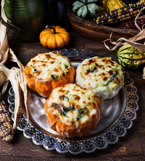 Tender roasted pumpkins stuffed with a cheesy orzo and kale filling is the perfect vegetarian entrée for any autumn feast! Classy Halloween Party, Costume Diy Ideas, Cheesy Orzo, Stuffed Pumpkins, Wine Poached Pears, Creamed Kale, Dinner Party Food, Pumpkin Vegetable, Cold Weather Comfort Food