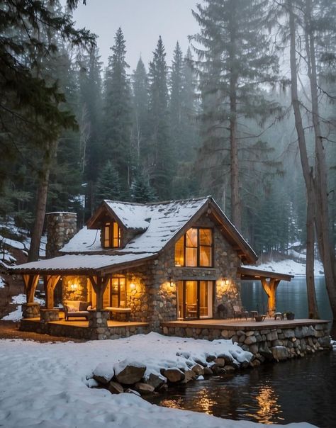 Small Cabin In The Woods, Cabin Style Homes, Snowy Cabin, Log Cabin Ideas, Log Cabin Rustic, Cabin In The Mountains, Lakeside Cabin, Travel House, Quaint Cottage