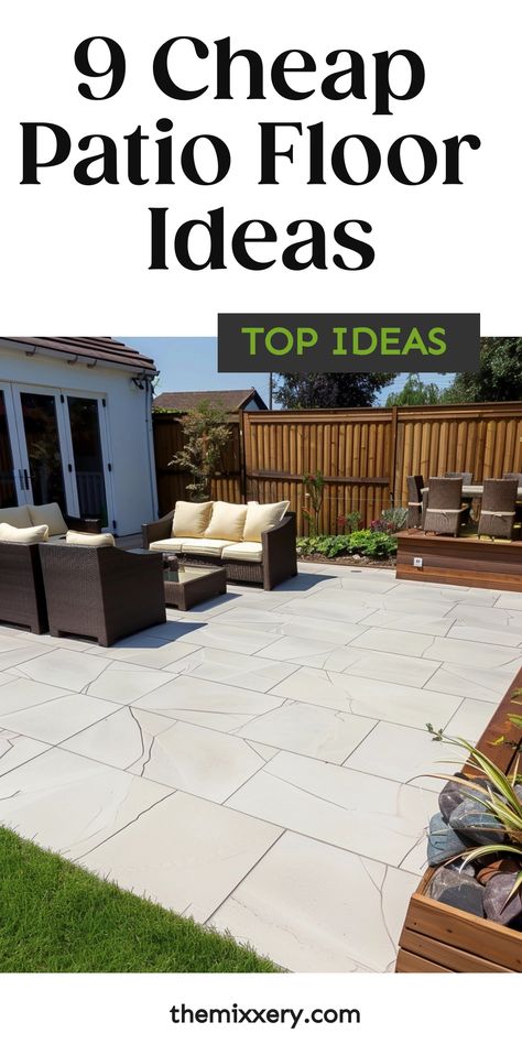 Well-maintained backyard patio with beige furniture on geometric tile flooring, showcasing landscaping inspiration for patio floor ideas. Cheap Diy Patio Flooring, Gazebo Flooring Ideas Diy, Patio Flooring Ideas On A Budget, Patio Pavers Design On A Budget, Affordable Patio Ideas, Inexpensive Patio Flooring, Easy Patio Ideas On A Budget, Patio Floor Ideas On A Budget, Gazebo Flooring Ideas