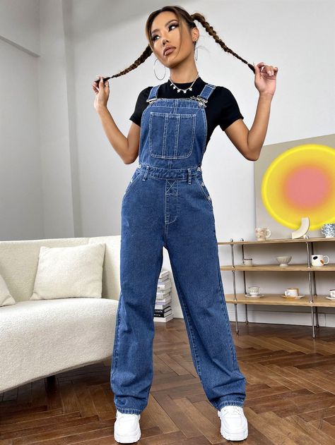 Medium Wash Preppy  Sleeveless Denim Plain Overall Embellished Non-Stretch  Women Denim Denim Jump Suites Outfit, Demin Jumpsuit Outfits, How To Style A Jean Jumpsuit, Overall Denim Outfits, Blue Jumpsuit Outfit Casual, Jumper Outfit Denim, Girls Overalls Outfits, Jeans Overall Outfit, Jean Overalls Outfit