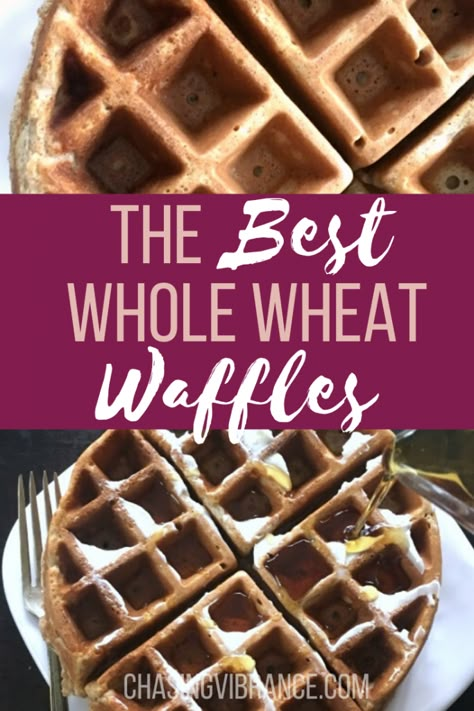 The BEST FLUFFY whole wheat waffles!! You're going to love these yummy whole wheat waffles! Perfect for a healthy breakfast or brunch recipe! So. Good. #breakfast #brunch #waffles #homemadewaffles Whole Grain Waffle Recipe, Whole Wheat Waffle Recipe, Wheat Waffle Recipe, Waffle Recipe No Milk, Waffle Recipe Easy, Healthy Waffle, Wheat Waffles, Whole Wheat Recipes, Brunch Waffles