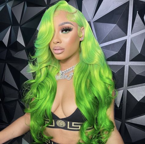 hairstylist: gorjessdollz Green Frontal Wig Install, Lime Green Wig Install, Green Lace Front Wigs Black Women, Green Lacefront Wig, Green Wig Install, Green Hair Black Women, Lime Green Wig, Lace Front Wigs Color, Lime Green Hair