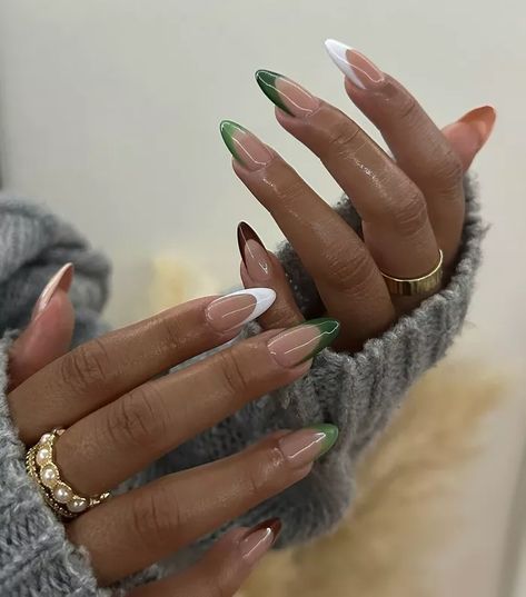 Colored French Tip Nails, Colorful French Tip Nails, Different Color Nails, Colored Nail Tips, Green Acrylic Nails, Chrome Nails Designs, Classic Vibe, Colorful Nails, Almond Nails Designs