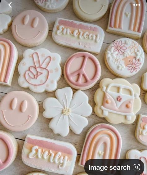 70s Royal Icing Cookies, Peace Love Birthday Party, Four Ever Groovy Cookies, Groovy Party Cookies, Groovy Birthday Cookies Decorated, 29 Birthday Cookies, Groovy Bachelorette Cookies, Hippy Cookies Decorated, Two Groovy Desserts