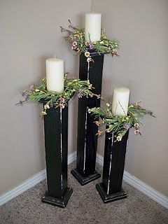 DIY floorstanding candlesticks. toppers from Hobby Lobby for a buck each, plus a 4x4, for a total around $12 for the 3 (plus paint and hardware). 4x4 Crafts, 4x4 Wood Crafts, 2x4 Crafts, Scrap Wood Crafts, Diy Candle Holders, Scrap Wood Projects, Wood Candle Holders, Diy Holz, Candle Sticks