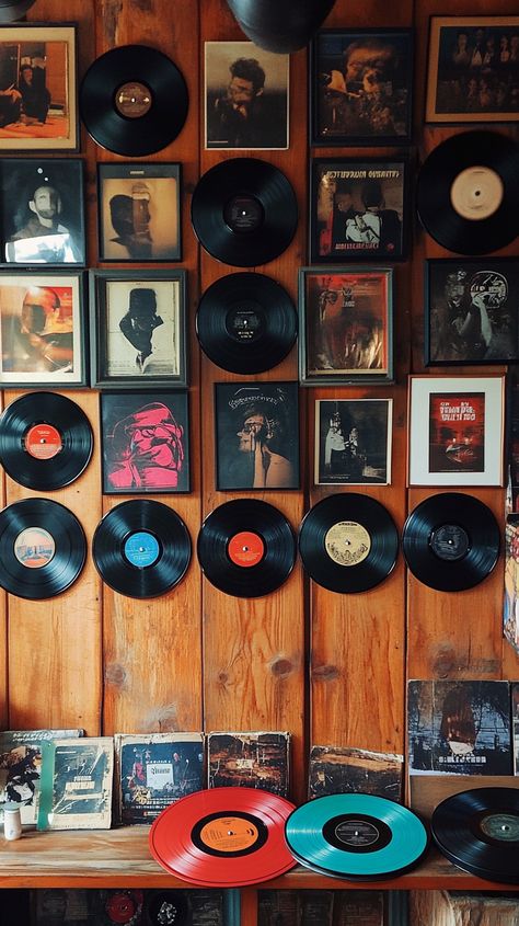 Wall adorned with vintage vinyl records and framed album covers, showcasing an eclectic retro music-themed living room decor. Record Frames Wall, Display Records On Wall, Retro Vinyl Aesthetic, Framed Album Covers, Vinyl Record Room Decor, Above The Couch Decor, Record Room Decor, Couch Decor Ideas, Vinyl Record Room