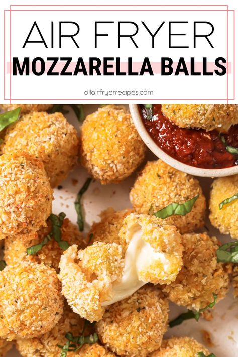 air fryer mozzarella balls with marinara sauce on the side. What To Make With Mozzarella Balls, Air Fried Mozzarella Balls, Air Fryer Mozzarella Balls, Mini Mozzarella Ball Recipes, Recipes With Mozzarella Balls, Cheese Balls Air Fryer, Healthy Air Fryer Snacks, Mozzarella Balls Recipe, Hearty Appetizers