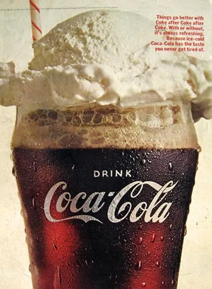 Vintage advertising: coke floats  OMG - I used to love Coke-Floats when I was young, and later had a terrible craving for them during one of my pregnancies (that would be the one when I piled on the pounds ; ) Coca Cola Cherry, Coke Float, John Pemberton, Coca Cola Ad, Beer Float, Coke Cola, Cherry Cola, An Ice Cream, Dunkin Donuts Coffee Cup