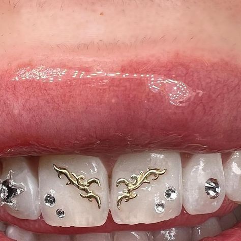 Tooth Gems Melbourne 🧚‍♀️ on Instagram: "Finally got to use my favourite charms 🥹 I added a star+gold+accent gems to pre-existing gems on the canine and right incisor gems done elsewhere 🫶🏻 gold from @isisngold" Confetti Tooth Gems, Gold Tooth Gem, Mouth Grills, Girl Grillz, Teeth Gems, Pretty Teeth, Dental Jewelry, Grillz Teeth, Diamond Teeth