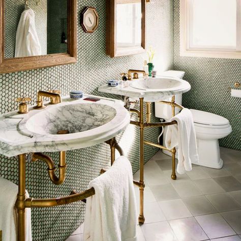 A pair of Stone Forest Petite Renaissance tops supported by polished brass un-lacquered Renaissance style legs | sinklegs Penny Tiles Bathroom, Bathroom 2024, Penny Tile, Bad Inspiration, Marble Sinks, Bathroom Ceiling, Garage Apartment, Emily Henderson, Trendy Bathroom