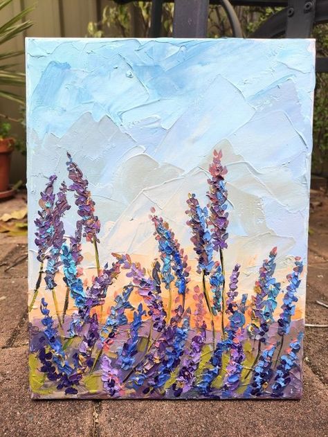 Floral Art On Canvas, Painting Ideas On Canvas Oil Paint, Painting For Mini Canvas, Floral Artwork Painting, Quick Canvas Painting Ideas, Lavender Oil Painting, Impasto Painting Ideas, Flowers Aesthetic Painting, Painting Inspo Acrylic