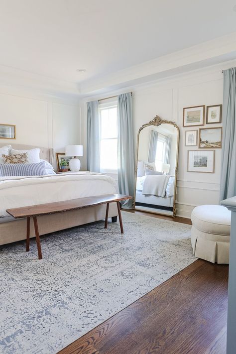 All White Bedroom With Blue Accents, Master Bedrooms Timeless, French Inspired Master Suite, French Costal Bedroom, Ivory And Blue Bedroom, Elegant Blue And White Bedroom, Master Bedrooms Decor Costal, Bedroom Ideas Southern, Bedroom With Light Blue Accents