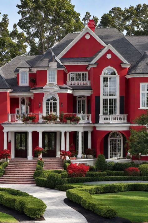 Large red mansion with white columns, ornate balcony, and manicured garden. Red And Black Exterior House, Red Accent House Exterior, Black And White House With Red Door, Red Roof Houses Home Exteriors, Red Sided Houses, Red House Exterior, Red Farmhouse, Red Houses, Bold Color Schemes