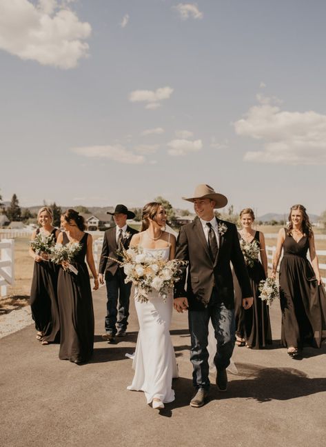 Black Western Bridesmaid Dresses, Western Wedding Black Bridesmaid Dresses, Tan And Black Groomsmen Suits, Country Wedding Party Attire, Black And Tan Wedding Party, Groomsmen Attire Jeans And Boots, Country Western Wedding Ideas, Black Country Wedding, Wedding Colors With Black