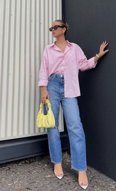 Pink Striped Shirt Outfits, Pink Striped Button Up Shirt Outfit, Pink Shirt Blue Jeans Outfit, Pink Pinstripe Shirt Outfit, Linen Striped Shirt Outfit, Pink Stripe Shirt Outfit, Playful Outfits For Women, Pink And Blue Aesthetic Outfit, How To Style A Pink Shirt