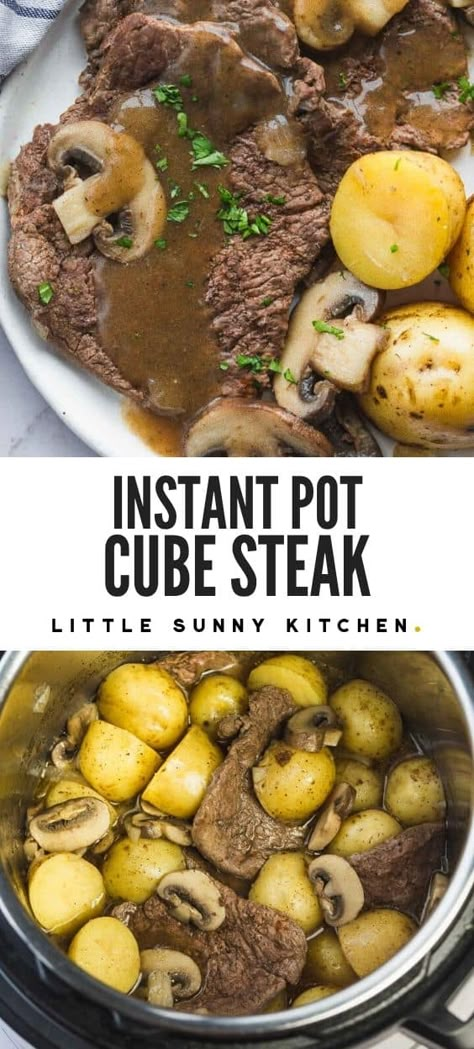 Instant Pot Cube Steak, Steak With Potatoes, Cube Steak Crock Pot Recipes, Cube Steak Recipe, Beef Cube Steak Recipes, Potatoes And Mushrooms, Beef Cubed Steak, Cube Steak And Gravy, Raita Recipe