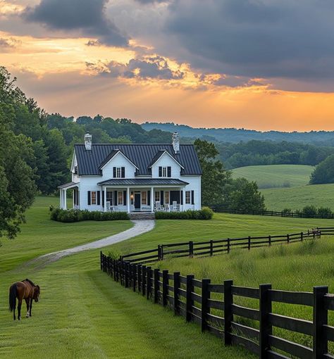 White Picket Fence House, House Wrap Around Porch, Covered Arena, House With Land, Different House Styles, Southern Farmhouse, Cute Houses, Farmhouse Architecture, Farm Plans