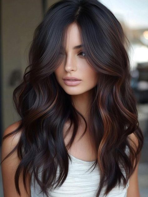 Mid Length Hair Dark Brown, 2024 Winter Hair Color, Deep Winter Hair Color Ideas, Dark Hair Trends, Fall Dark Hair, Winter Brunette Hair Color, Warm Caramel Highlights, Fall Hair Colors For Brunettes, Bronze Hair Color