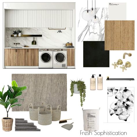 Fresh Sophistication - Laundry Scandi Laundry, Small Laundry Ideas, Laundry Interior Design, Kitchen Bungalow, Laundry Interior, Laundry Designs, Mood Board Examples, Laundry Inspiration, Washing Area