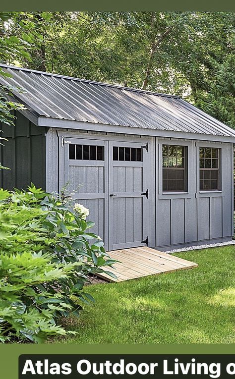 Long Shed Ideas, Backyard Workshop Shed, Rustic Sheds Ideas Backyards, Backyard Shed Ideas, Shed Exterior Ideas, Painted Garden Sheds, Backyard Workshop, Sheds Ideas Backyard, Cool Sheds