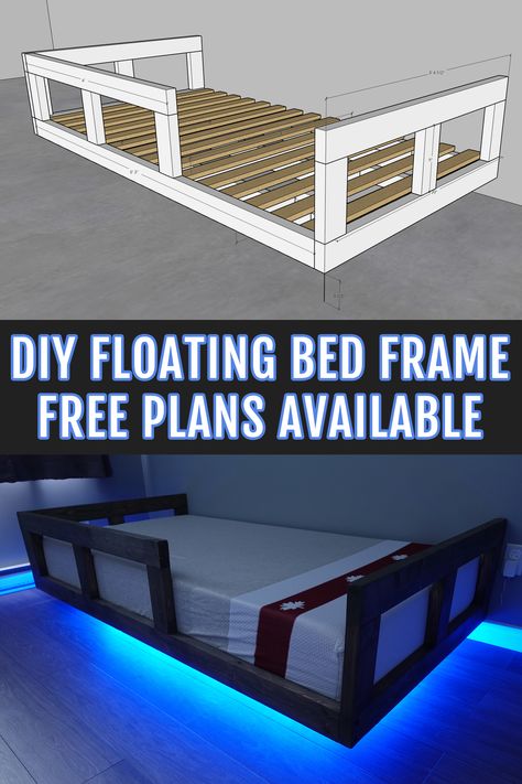 I built a DIY Floating Bed Frame bed platform using 2x4's and led lights to give a nice floating effect. Watch my video tutorial on how to make this bed easy bed frame furniture project. All plans are free, watch my video for more details. #diy #floating #bedframe Floating Twin Bed Frame, Twin Size Floating Bed Diy, Easy Diy Twin Bed Frame, Floating Bedframe, Loft Bed Diy Plans, Cool Beds For Boys, Diy Floating Bed, Diy Twin Bed Frame, Floating Bed Diy