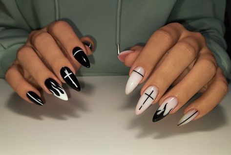 Black And White Edgy Nails, Angry Nails, One Hand Black And One Hand White Nails, Nf Nails, Rocker Nails Punk, Rock Nails Designs, Rock N Roll Nails, Rock And Roll Nails, October Feels