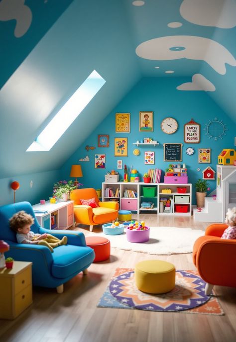 Small attic room ideas Attic Playroom Ideas Sloped Ceiling, Attic Playroom Ideas, Converted Attic Space, Small Attic Room Ideas, Playroom For Kids, Attic Inspiration, Small Attic Room, Attic Room Ideas, Home Daycare Ideas