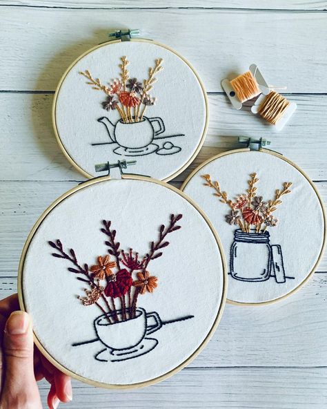 Teacup Designs, Tea Cup Design, Wooden Embroidery, Wooden Embroidery Hoops, Stitch Guide, Calico Fabric, Design Embroidery, Jam Jar, Wooden Pegs