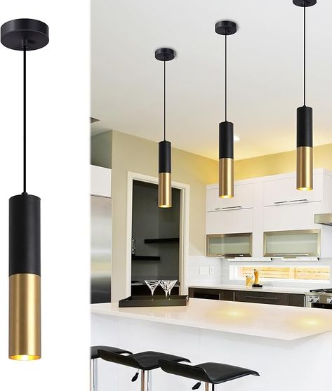 Omgomne Modern Mini Pendant Light Set of 3, Metal Gold Black Pendant Lighting Fixture with LED Bulb Ceiling Hanging Light for Kitchen Island Living Room Bedroom Cafe Bar - Amazon.com Kitchen Island Lighting Modern, Cylinder Pendant Light, Pendant Light Set, Hanging Lights Kitchen, Gold Pendant Lighting, Island Pendant Lights, Kitchen Island Lighting Pendant, Ceiling Hanging, Hanging Ceiling Lights