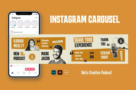 Podcast Retro Style IG Carousel | Co, Graphic Templates - Envato Elements Ig Carousel, Creative Podcast, Instagram Carousel, Instagram Feed Inspiration, Change Image, Graphic Templates, Envato Elements, Instagram Design, Insta Posts