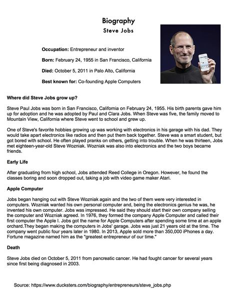 ESL EAL English Steve Jobs Biography technology Apple entrepreneur vocabulary iphone Biography Text, Steve Jobs Biography, English Activity, Newsletter Template, Apple Computer, English Writing Skills, English Reading, English Activities, Email Template