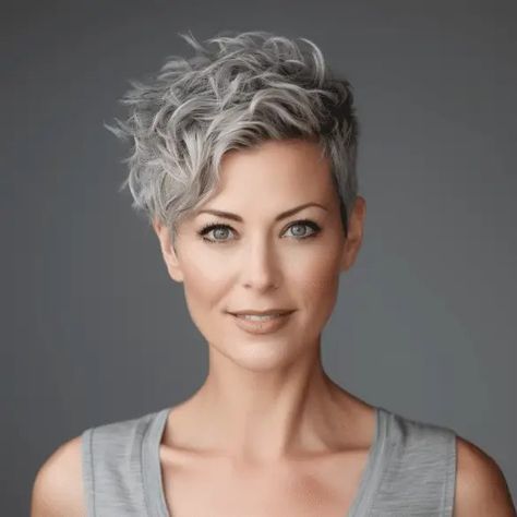 Gray Pixie, Hairstyles Layered, Short Wavy Haircuts, Curly Pixie Hairstyles, Funky Hair, Haircut Medium, Curly Pixie Haircuts, Grey Curly Hair, Funky Short Hair