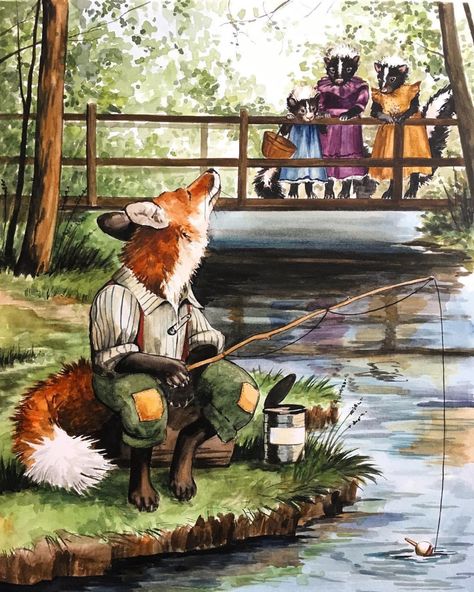 Fox Fishing, Cottagecore Animals, Comfort Art, Fishing Art, Peter Rabbit And Friends, Art Fox, Storybook Art, Fox Illustration, Children's Illustration