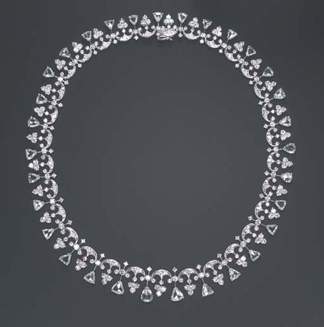 A DIAMOND NECKLACE   Composed of a series of circular-cut diamond scrolling links, each suspending a circular-cut diamond cluster, spaced by circular-cut diamonds, enhaced by pear-shaped rose-cut diamond terminals, mounted in platinum, 15 ins.  The total weight of the diamonds is approximately 23.00 carats Rose Cut Diamond Necklace, Rose Cut Diamond Jewellery, Cut Engagement Rings, Princess Cut Engagement, Jewellery Sketches, Large Image, Princess Cut Engagement Rings, Jewel Necklace, Diamond Jewelry Designs