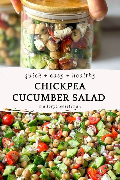 This healthy Chickpea Cucumber Salad is a Mediterranean-inspired meal prep recipe for a weekday lunch - full of flavor & nutrition and ready in 10 minutes! 🙌🏻 Protein-packed chickpeas are combined w/crisp cucumbers, juicy tomatoes, fresh herbs, & feta cheese. All tossed in a lemon vinaigrette made with favorite pantry staples. If you want to make this healthy chickpea salad recipe, click for the full recipe! Follow for more dietitian recipes including easy lunch ideas. Vegetarian, gluten-free. Chick Pea Cucumber And Tomato Salad, Feta And Chickpea Salad, Chickpea Protein Salad, Gluten Free Cucumber Salad, Cucumber Mediterranean Salad, Meal Prep Salad Ideas Work Lunches, Easy Meals High Protein, Cucumber Feta Tomato Salad, Cucumber And Chickpea Salad