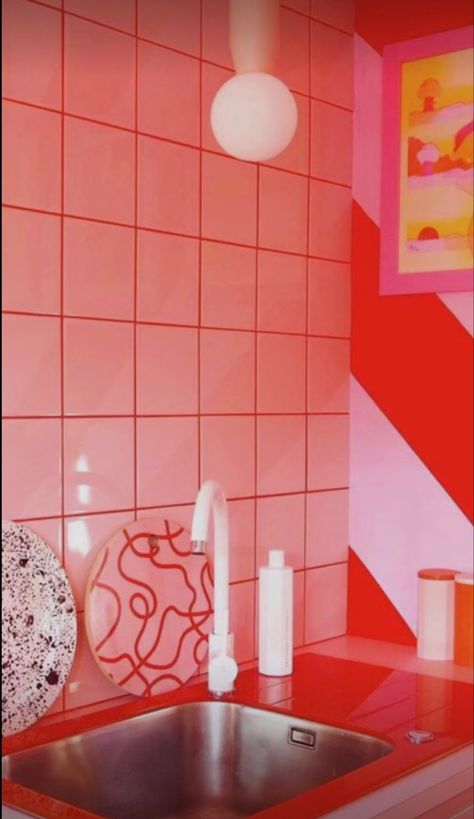 Pink Grout Bathroom, Pink And Red Bathroom, White Tile Pink Grout, Red And Pink Bathroom, Red Pink Bathroom, Pink Red Bathroom, Colorful Grout, Pink Grout, White Tiles Red Grout