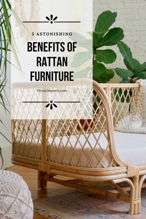 Take a look at 5 Astonishing Benefits of Rattan Furniture. There are many reasons to love rattan because of it's timeless style, but here are some more practical reasons that you should buy rattan furniture living room and bedroom pieces! Rattan Furniture Living Room Ideas, Rattan Beds, Rattan Chair Living Room, White Rattan Furniture, Indoor Rattan Furniture, Modern Wicker Furniture, Rattan Furniture Living Room, Rattan Bed Frame, Bedroom Pieces