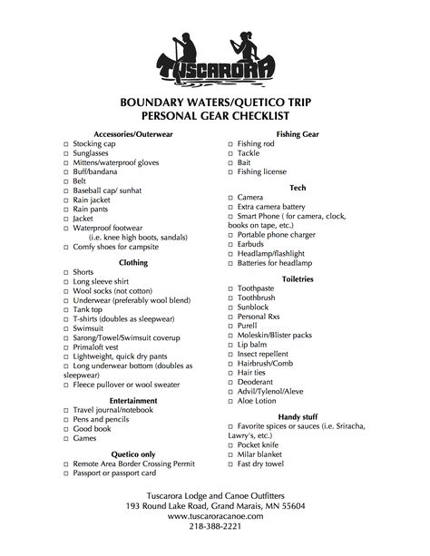 Printable Boundary Waters Packing List for personal gear, clothes, and other personal items to help you pack light and portage smart on your BWCAW/Quetico canoe trip. Helpful if you're doing a complete outfitted trip where the canoe, food, and camping gear is all taken care of. Remember, you have to carry everything you pack and only the food pack gets lighter! Canoe Camping Food, Boundary Waters Minnesota, Trip Checklist, Camping Gear List, Camping Bedarf, Canoe Camping, Sup Stand Up Paddle, Boundary Waters, Camping List