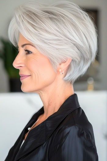 32 Flattering Hairstyles for Women Over 50 with Fine Hair to Boost Fullness - The Hairstyle Edit Short Stacked Bob Haircut Fine Hair, Hairstyle For Women Over 50, Silver Pixie, Haircut Gray Hair, Women Pixie Cut, Wedge Haircut, Short Hair Back, Chin Length Haircuts, Growing Hair