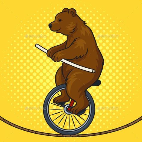 Circus Bear Rides Tightrope on Unicycle Vector Circus Bear, Retro Vector Illustration, Illustration Comic, Pop Art Retro, Japanese Poster Design, Unicycle, Retro Vector, Comic Book Style, Japanese Poster