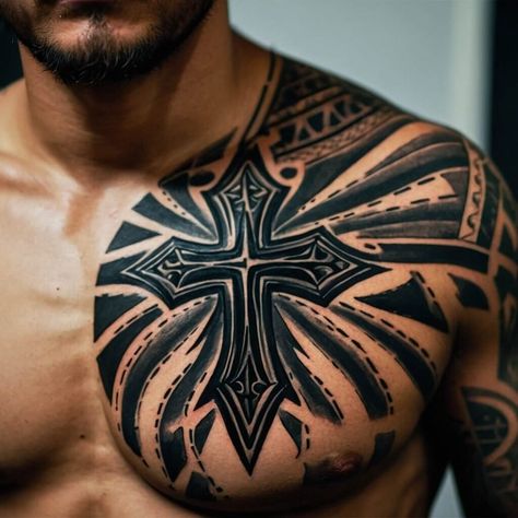 Tattoos For Guys Cross, Chest Tats Men, Half Chest Tattoo Men Ideas, Male Chest Tattoos, Cross Tattoo Ideas For Men, Cross Tattoo Designs For Men, Cross Tattoo Ideas, Simple Cross Tattoo, Tatted Men