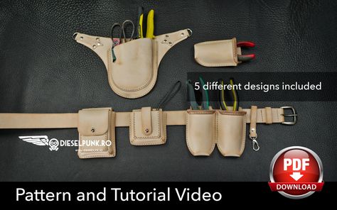 Tool Belt Pattern - Leather DIY - Pdf Download - Hip Bag - Video Tutorial Tool Belt Diy, Leather Pouch Pattern, Garden Tool Belt, Leather Tool Pouches, Tool Belt Pouch, Bag Video, How To Make Leather, Leather Tool Belt, Belt Pattern