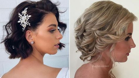 Short Hair Beach Wedding Hairstyles, Short Curly Hair One Side Pinned Up, Short Hair Designs For Wedding, Bobbed Wedding Hairstyles, Wedding Waves Short Hair, One Side Pulled Back Wedding Hair Short, Short Layered Wedding Hairstyles, Red Carpet Hairstyles Short Hair, Short Hair Styles Bride