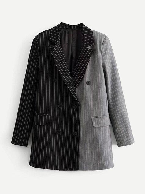 Two Tone Pinstriped Blazer -SheIn(Sheinside) Two Tone Blazer, Pinstripe Pattern, Work Suits, Blazer Outfits, Blazer Fashion, Blazers For Women, Manhattan, Double Breasted, Blazer Jacket