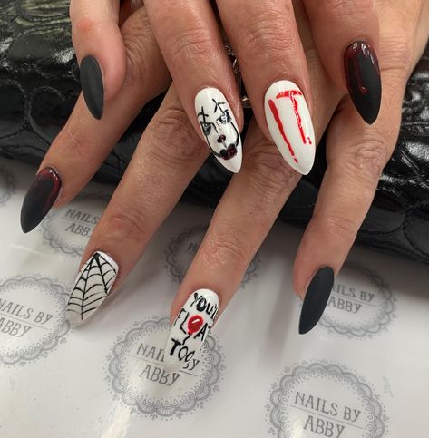 Short Pennywise Nails, It Themed Nails, Halloween Nails Pennywise, Pennywise Nails Designs, It Inspired Nails, It Clown Nails, It Nails Stephen King, Penny Wise Nails, Pennywise Nail Art