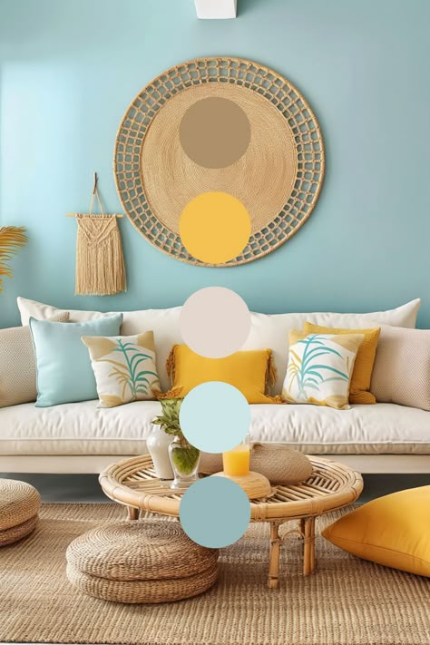 Embrace fresh summer colours for calming decor. Live by the beach? Love blues and yellows? Include these cool and sunny hues in your redecorating.  For more cool decor ideas, please follow our blog. https://www.plushdesigninteriors.com.au/blog-summary  #colourpaletteideas #plushdesigninteriors #cooldecorideas Blue And Yellow Living Room Color Scheme, Blue And Yellow Interior, Blue Yellow Living Room, Blue Yellow Interior, Interior Colour Palette, Summer Interior Design, Calm Interior, Calming Decor, Ocean Color Palette